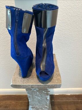 Bold Cobalt Blue Suede Peep-Toe Ankle Heels with Metallic Cuff